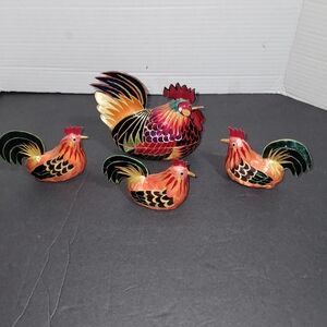 VINTAGE JAPANESE FOLK ART COUNTRY HANDMADE BAMBOO ROOSTER TRINKET BOX & 3 SMALL